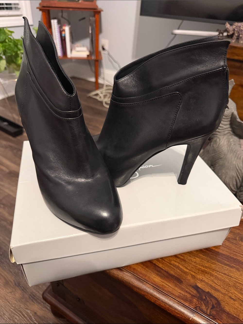 Jessica Simpson Black Leather Ankle Booties with Stiletto Heel